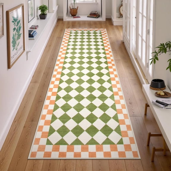 Voguly Checkered Kitchen Runners Rug 2x7, Washable Ultra-Thin Hallway Runner, Checkerboard Soft Low Pile Indoor Floor Carpet for Entryway Nursery Bathroom Bedroom, Green