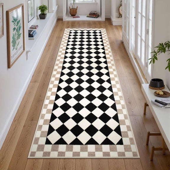 Voguly Checkered Rug Runner 2x7, Black Washable Hallway Runner Non-Slip, Soft Indoor Carpet for Kitchen Entryway Bedroom Bathroom Nursery