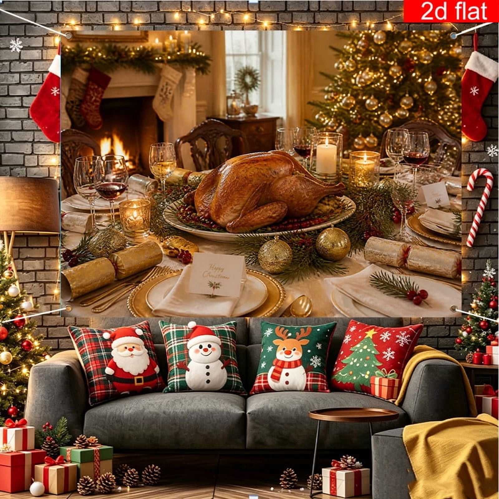 Background Booth Simple Voguly Christmas Dinner Backdrop, 8 x 10 ft, Roast Turkey Fireplace ...
