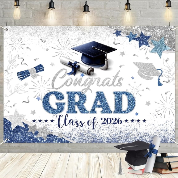 Voguly Class of 2026 Congrats Grad Backdrop 3x5ft, Blue Silver Graduation Banner, Large Photography Background for Party Decorations Photo Booth Props