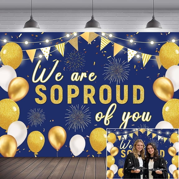 Voguly Class of 2026 We Are So Proud of You Graduation Backdrop 3x5 ft, Blue Gold Congrats Grad Photo Banner, Glitter Party Decorations Hanging Background