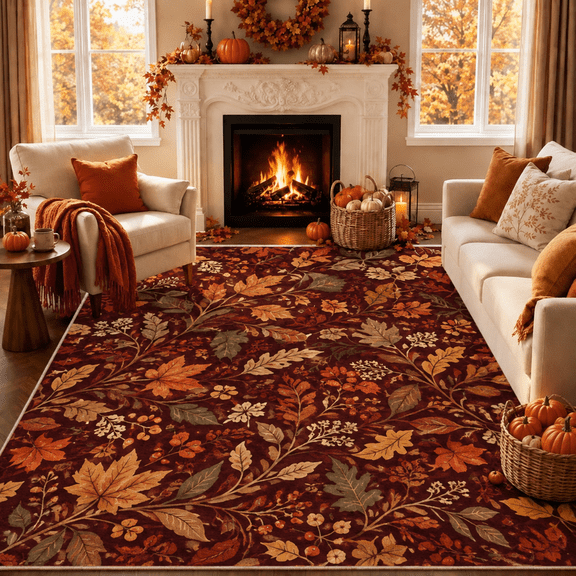 Voguly Fall Area Rug, 2 x 3 ft, Red Burgundy Vintage Autumn Leaves Maple Oak Leaf, 1 Pack, Non-Slip Indoor Living Room Kitchen Mat
