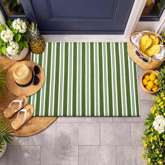 Voguly Green and White Spring Striped Rug, 3x5, Outdoor Front Porch Door Mat, Welcome Layering Rustic Washable, for Entryway Farmhouse Decor