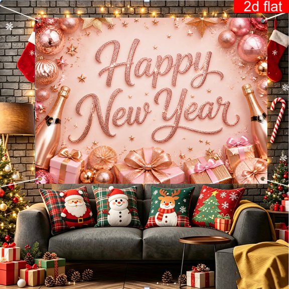 Voguly Happy New Year Photo Backdrop, 3 x 5 ft, Rose Gold, Glitter Champagne Gifts Ornaments, 1 Pack, New Years Eve Party Decor