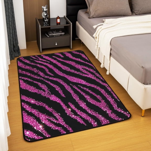 Voguly Hot Pink Zebra Rug 2x3, Glitter Stripes Animal Print Area Rug for Girls Teens Bedroom, Y2K Aesthetic Indoor Floor Mat, Cozy Living Room Decor Rug
