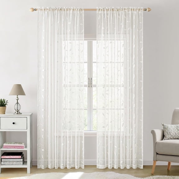 Voguly Ivory Sheer Curtains 2 Panels 52x84 Inches, Embroidered Leaf Floral Faux Linen Semi Sheer Rod Pocket Window Drapes for Living Room Bedroom Dining Room