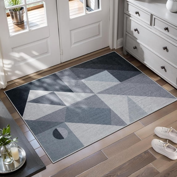 Voguly Modern Abstract Area Rug 2x3 ft, Grey White Low Pile Soft Plush Carpet, Washable Non Slip Non Shedding Mat for Entryway Bathroom Bedroom Floor