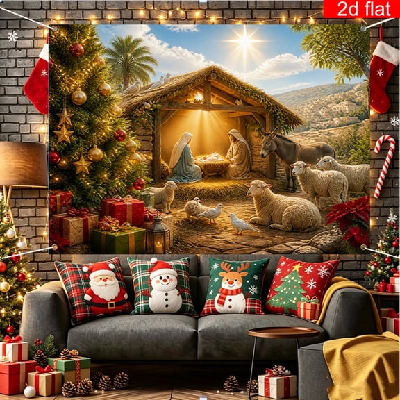 Voguly Nativity Scene Christmas Backdrop, 3 x 5 ft, Holy Family Baby Jesus Manger Barn, 1 Pack, Church Holiday Photo Booth Background