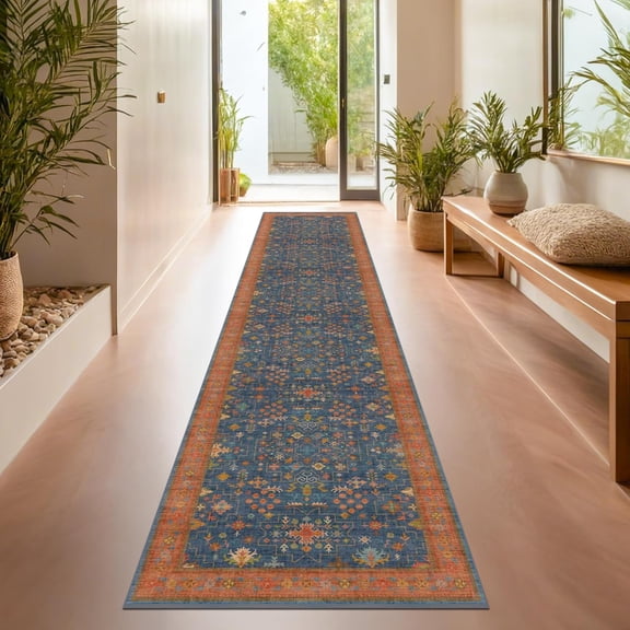 Voguly Navy Blue 2x10 Runner Rug, Washable Non Slip, Kitchen Mudroom Bathroom Hallway, Dark Boho Geometric Decor, Fade Stain Resistant, 10 ft Long