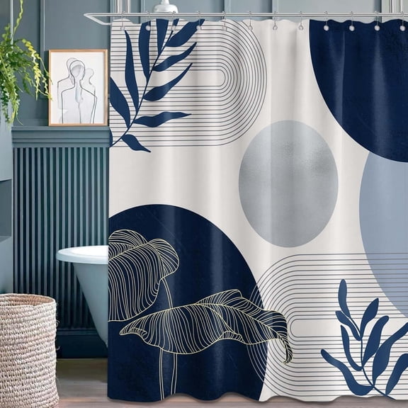 Voguly Navy Blue and White MCM Shower Curtain 72x72, Mid Century Modern Boho Design, Waterproof Fabric with 12 Stainless Steel Hooks, Mens Cool Bathroom Decor