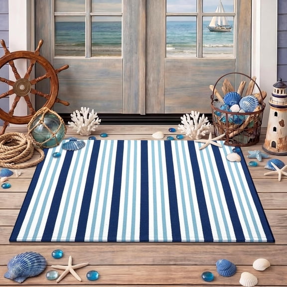 Voguly Navy White and Blue Summer Striped Rug, 24'' x 35'' Nautical Navigation Coastal, Outdoor Front Porch Door Mat, Welcome Layering Rustic Washable for Entryway Farmhouse Decor