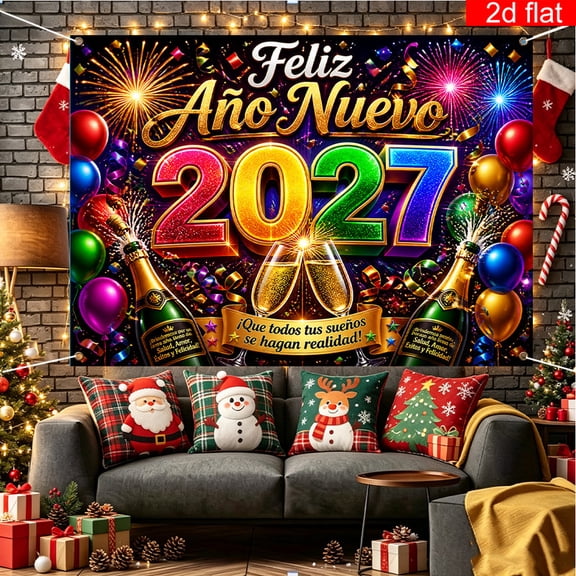 Voguly New Year Backdrop, 3 x 5 ft, Rose Gold, 2027 Feliz Ano Nuevo Glitter Fireworks Champagne Balloons, 1 Pack, Spanish NYE Decor