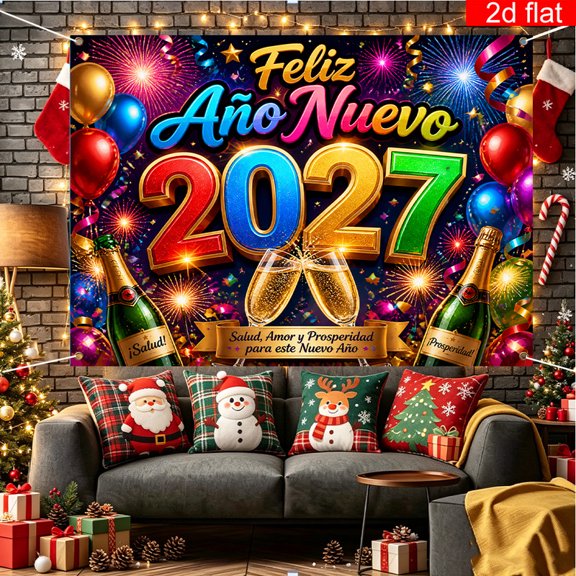 Voguly New Year Eve Backdrop, 3 x 5 ft, Feliz Año Nuevo 2027 Fireworks Balloons Champagne, 1 Pack, Hispanic NYE Photo Background