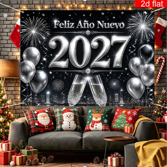 Voguly New Year Eve Backdrop, 3 x 5 ft, Feliz Año Nuevo 2027 Fireworks Silver Balloons Champagne, 1 Pack, NYE Photo Background