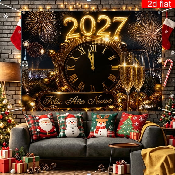 Voguly New Year Eve Backdrop, 3 x 5 ft, Feliz Año Nuevo 2027 Gold Clock Champagne Fireworks, 1 Pack, Hispanic NYE Photo Background
