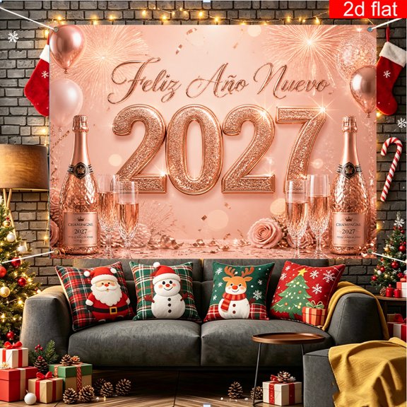Voguly New Year Eve Backdrop, 3 x 5 ft, Feliz Año Nuevo 2027 Rose Gold Champagne Balloons Fireworks, 1 Pack, NYE Photo Background