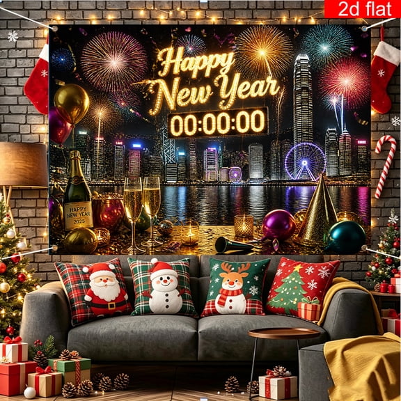 Voguly New Year Eve Backdrop, 3 x 5 ft, Happy New Year Countdown 00:00:00 City Skyline Fireworks, 1 Pack, NYE Party Photo Background