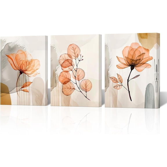 Voguly Orange Flower Canvas Wall Art Minimalist Neutral Wildflower Prints Home Decor 12x16 Inch 3 Piece Set Modern Bedroom Living Room