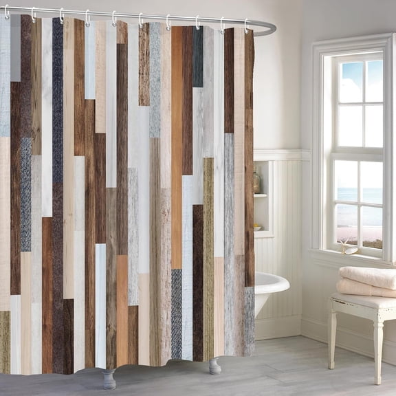 Voguly Rustic Western Farmhouse Wooden Shower Curtain, Brown Retro Old Wood Plank Country Fabric Bathroom Decor, Waterproof Polyester with Hooks, 72x72 in