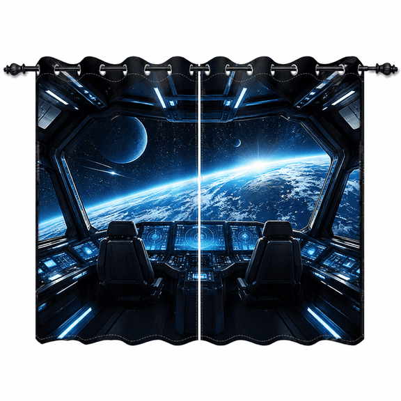Voguly Spaceship Cockpit Curtains, 30 x 36 in, Earth Galaxy Space Sci-Fi, Set of 2 Panels, Room Darkening Grommet Window UV Drapes