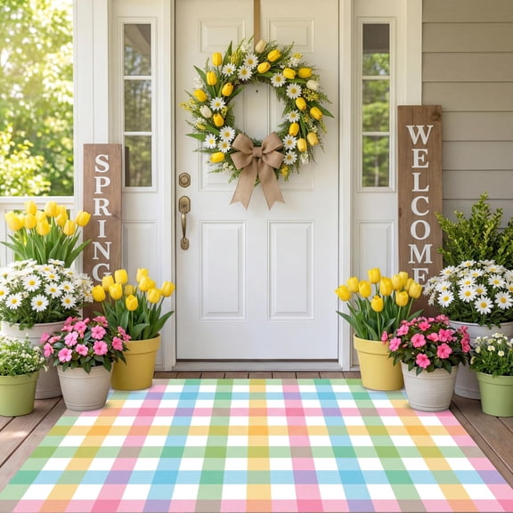 Voguly Spring Pastel Checkered Rug, 24x35 Outdoor Door Mat, Welcome Front Porch Layering Mat, Farmhouse Entryway Decor, Rustic Check Area Rug