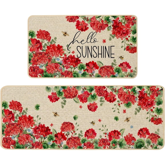 Voguly Spring Summer Kitchen Rugs Set of 2, Geranium, Floral, Bee, Non Slip, Absorbent, Low Profile, Farmhouse, Seasonal Home Decor, 17x29, 17x47 Inch