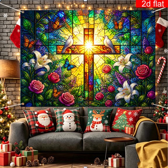 Voguly Stained Glass Cross Backdrop, 5 x 3 ft, Easter Baptism First Communion, 1 Pack, Church Dove Lily Religious Photo Background
