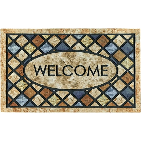 Voguly Welcome Door Mat 17x 30 Inch, Blue Outdoor Rug, Heavy Duty Non Slip Rubber Back, Low Profile Front Entry Mat for Home Outside