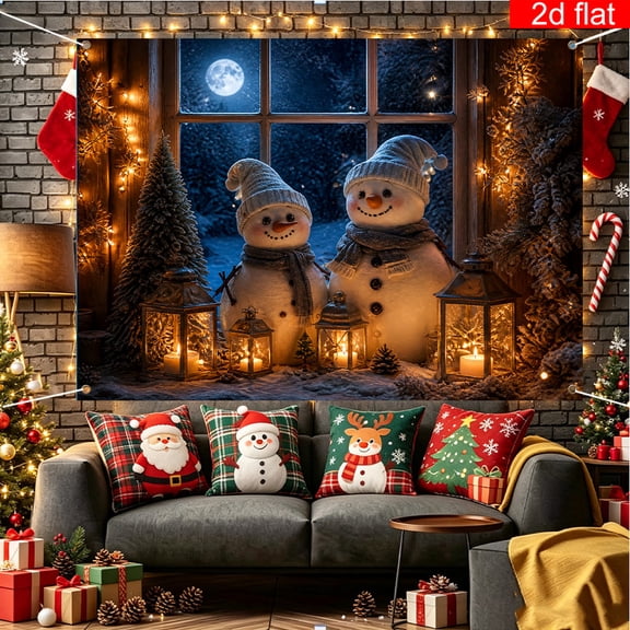 Voguly Winter Photography Backdrop, 3 x 5 ft, Snowman Window View Moon Lantern Candle Lights, 1 Pack, Snowy Night Photo Background