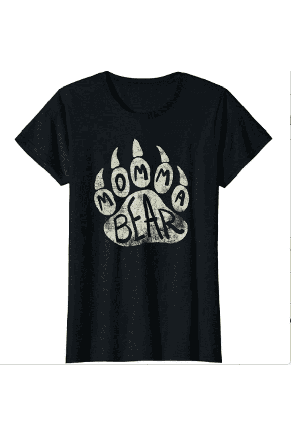 Women's Vintage Momma Bear T-Shirt, Cute Paw Print Graphic Tee, Retro Distressed Mother's Day Gift, Cotton Short Sleeve Family Top