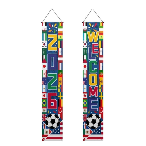 Voguly World Soccer Cup 2026 Hanging Porch Banner for Party Decorations, 2 Pcs World Soccer Cup Themed Hanging Couplet for Porch Door Soccer Party, Sports Events, Bar, Street, Home Decorations