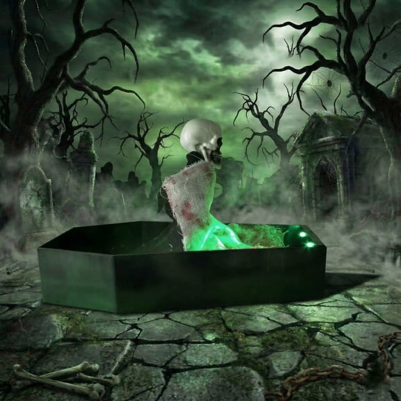 Voice Activated Animated Pop-Up Skeleton With Green Glowing Light, Halloween Tabletop Prank Decor