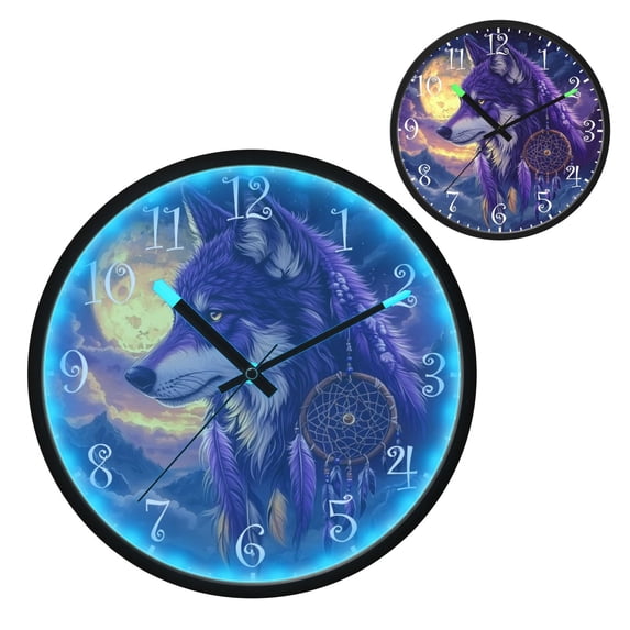 Voice Activated Clock with Glow Light 12 Inch Large Silent Wall Clock Battery Operated for Home Decor A Beautiful Wolf