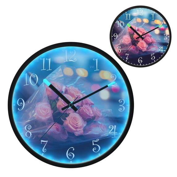 Voice Activated Clock with Glow Light 12 Inch Large Silent Wall Clock Battery Operated for Home Decor A Bouquet Of Pink Roses