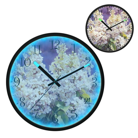 Voice Activated Clock with Glow Light 12 Inch Large Silent Wall Clock Battery Operated for Home Decor A Cluster Of Lilac Flowers