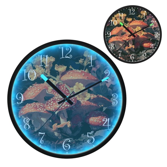 Voice Activated Clock with Glow Light 12 Inch Large Silent Wall Clock Battery Operated for Home Decor A Cluster Of Mushrooms