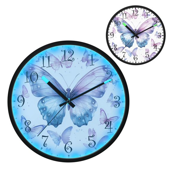 Voice Activated Clock with Glow Light 12 Inch Large Silent Wall Clock Battery Operated for Home Decor A Flock Of Butterflies
