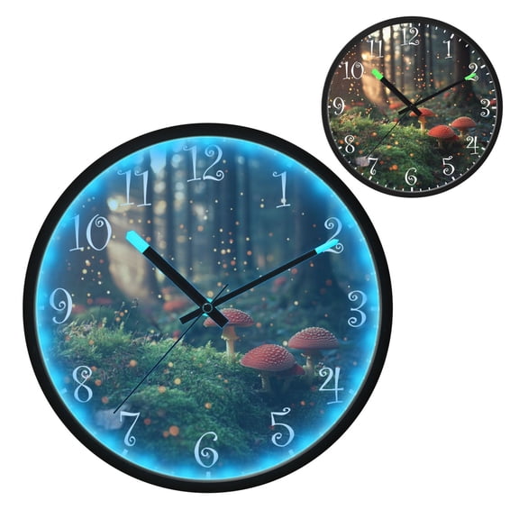 Voice Activated Clock with Glow Light 12 Inch Large Silent Wall Clock Battery Operated for Home Decor A Forest with Mushrooms