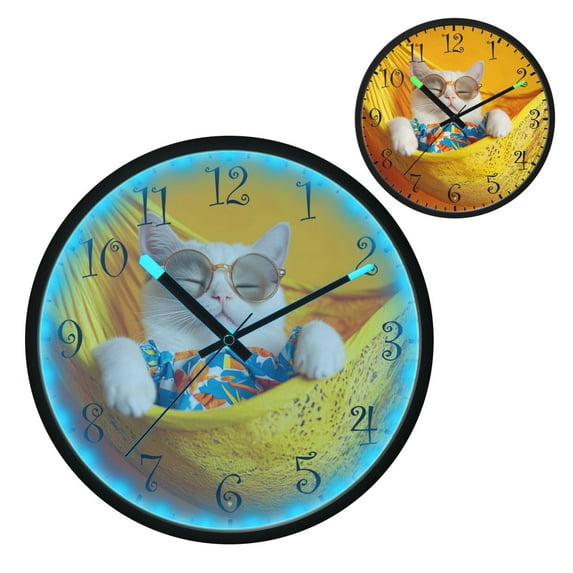 Voice Activated Clock with Glow Light 12 Inch Large Silent Wall Clock Battery Operated for Home Decor A Playful White Cat