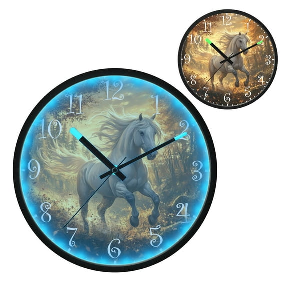Voice Activated Clock with Glow Light 12 Inch Large Silent Wall Clock Battery Operated for Home Decor A White Horse