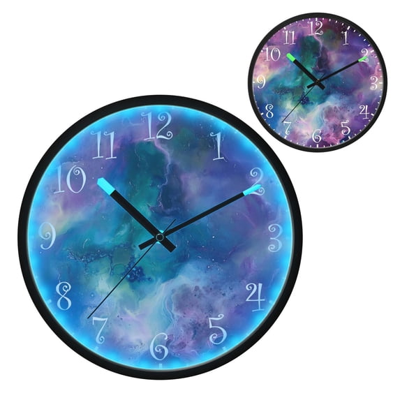 Voice Activated Clock with Glow Light 12 Inch Large Silent Wall Clock Battery Operated for Home Decor Abstract Nebula