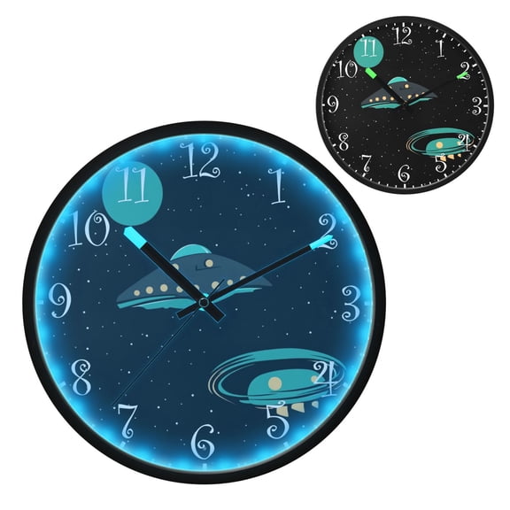 Voice Activated Clock with Glow Light 12 Inch Large Silent Wall Clock Battery Operated for Home Decor Alien Spaceship