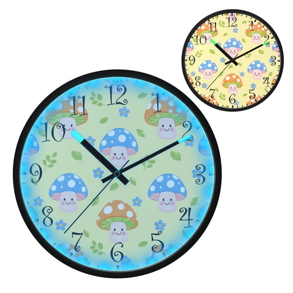 Voice Activated Clock with Glow Light 12 Inch Large Silent Wall Clock Battery Operated for Home Decor Anthropomorphic Mushroom Pattern