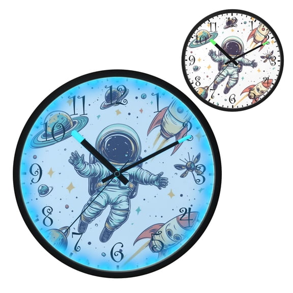 Voice Activated Clock with Glow Light 12 Inch Large Silent Wall Clock Battery Operated for Home Decor Astronauts Floating Around The Rocket