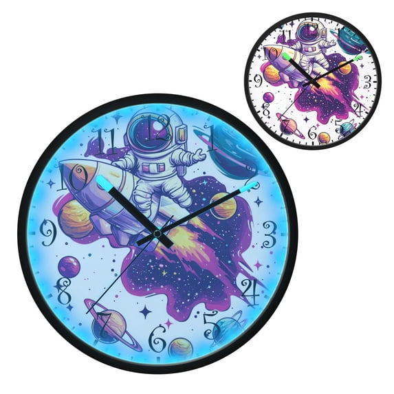 Voice Activated Clock with Glow Light 12 Inch Large Silent Wall Clock Battery Operated for Home Decor Astronauts in Rockets