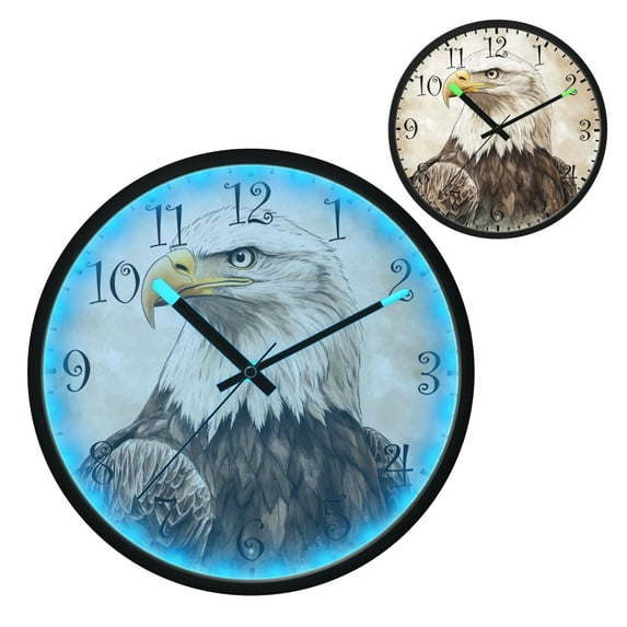 Voice Activated Clock with Glow Light 12 Inch Large Silent Wall Clock Battery Operated for Home Decor Bald Eagle