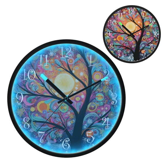 Voice Activated Clock with Glow Light 12 Inch Large Silent Wall Clock Battery Operated for Home Decor Beautiful Abstract Tree Painting