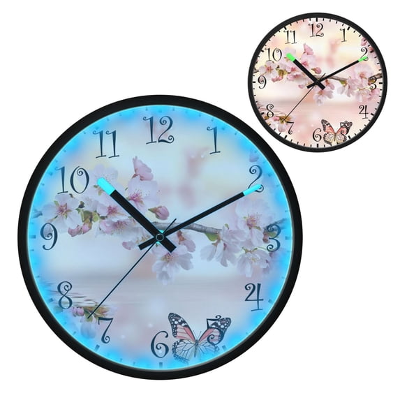 Voice Activated Clock with Glow Light 12 Inch Large Silent Wall Clock Battery Operated for Home Decor Beautiful Cherry and Butterflies