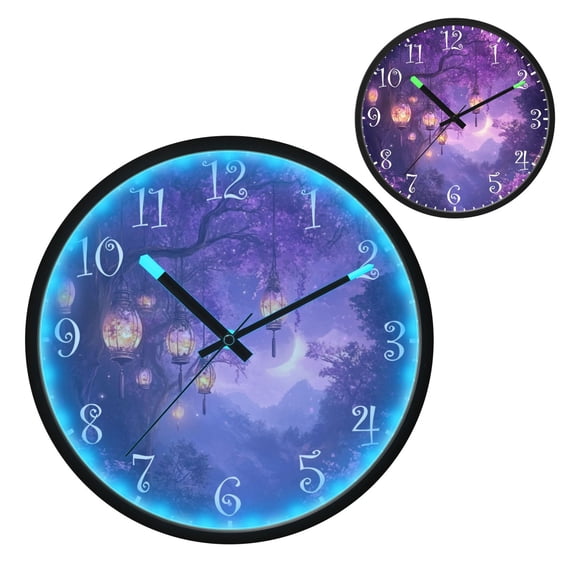 Voice Activated Clock with Glow Light 12 Inch Large Silent Wall Clock Battery Operated for Home Decor Beautiful Fantasy Purple Forest