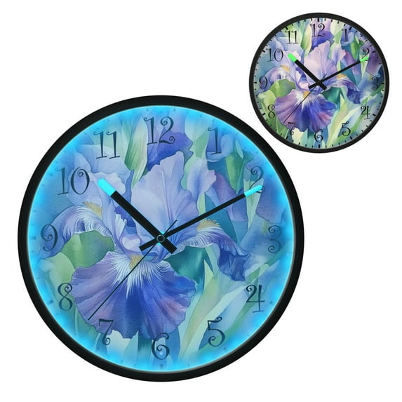 Voice Activated Clock with Glow Light 12 Inch Large Silent Wall Clock Battery Operated for Home Decor Beautiful Iris Flower